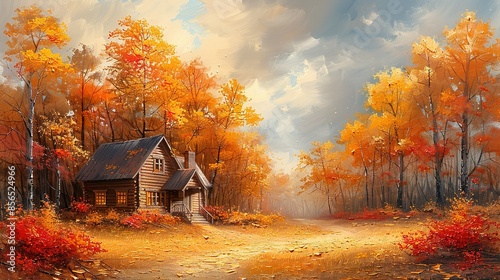 Serene Autumn Landscape: Rustic Cabin and Golden Trees