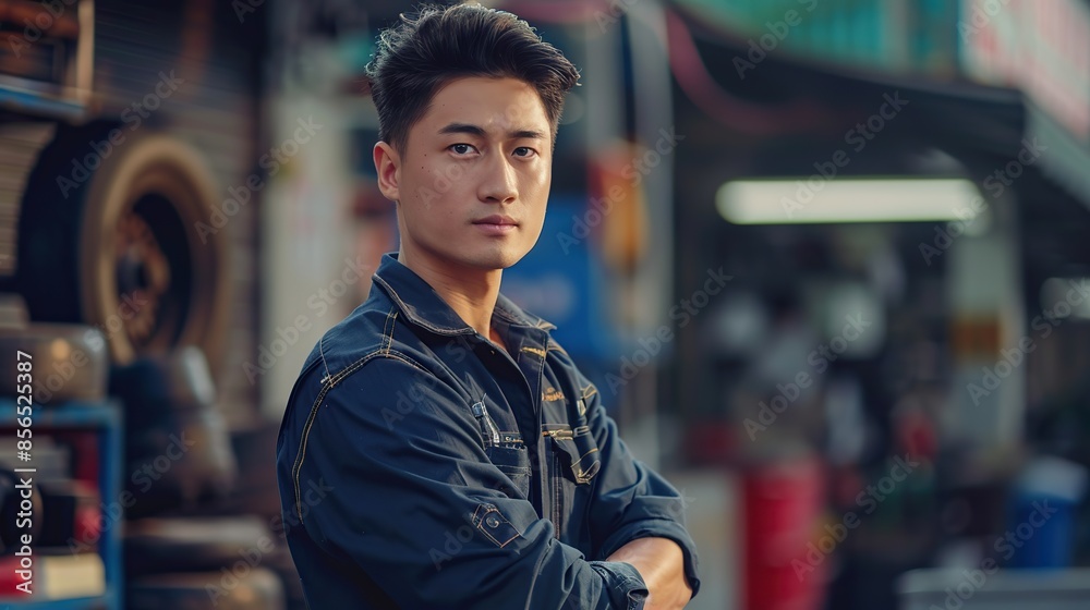 Portrait of Attractive confident Asian male auto mechanic working in Car Service. copy space for text. Portrait of Attractive confident Asian male auto mechanic working in Car Service. copy space for text.