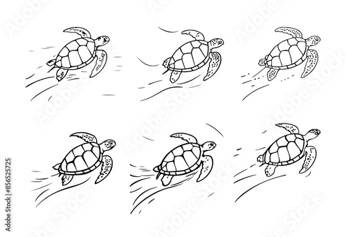 Vector isolated cute cartoon swimming sea turtle colorless black and white contour line drawing, sea turtle silhouette 