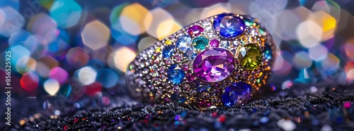 An ornate cocktail ring adorned with colorful gemstones dazzles under the bright lights of a glamorous evening event, commanding attention with its bold statement design photo