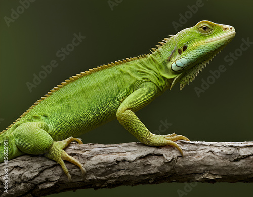 A bright green lizard is perched on a branch - iguana on a tree, green iguana on a branch, green lizard on a branch © ART Forge