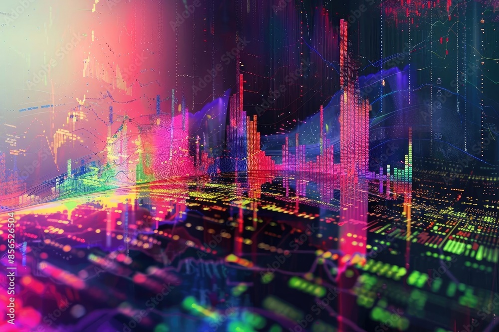 Fototapeta premium Futuristic digital financial data visualization with colorful graphs and charts. Modern abstract representation of market analytics and technology.