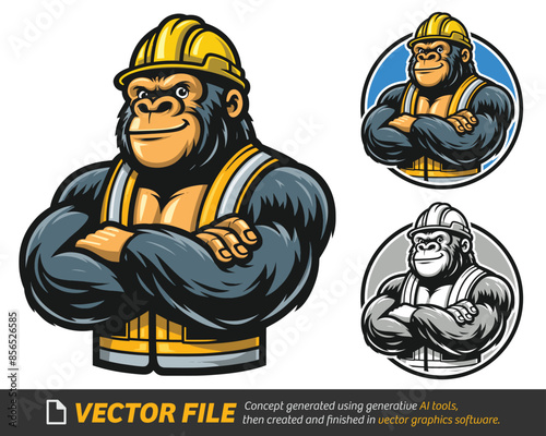 Gorilla Construction Worker with Crossed Arms Vector Illustration