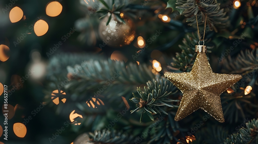 a close-up of a Christmas tree with twinkling fairy lights and a golden star topper a close-up of a Christmas tree with twinkling fairy lights and a golden star topper