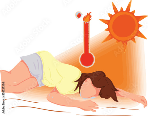 Drawing of a woman lying on the floor sweating Heat stroke and thermometer Heat wind concept, suffering from heat waves, summer, climate change, global warming, health, vector illustration