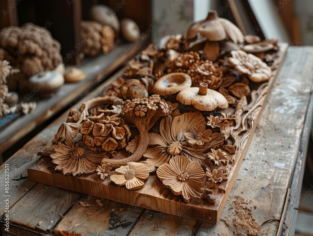 Rustic wood carving with intricate details and natural textures, displayed on a wooden table