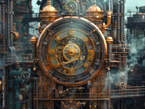 Steampunk gear with brass elements, exposed machinery, and Victorian design, set against an industrial backdrop