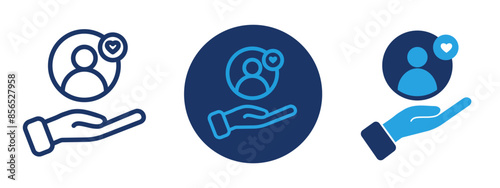 customer care editable icon, Three blue circles with a hand in each one showing we care for our customers too much