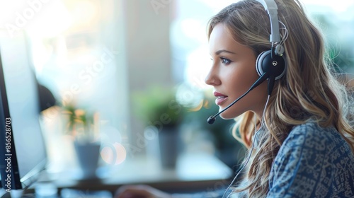 Efficient Online Helpdesk Worker in Hands-Free Headset Working on Computer in Office