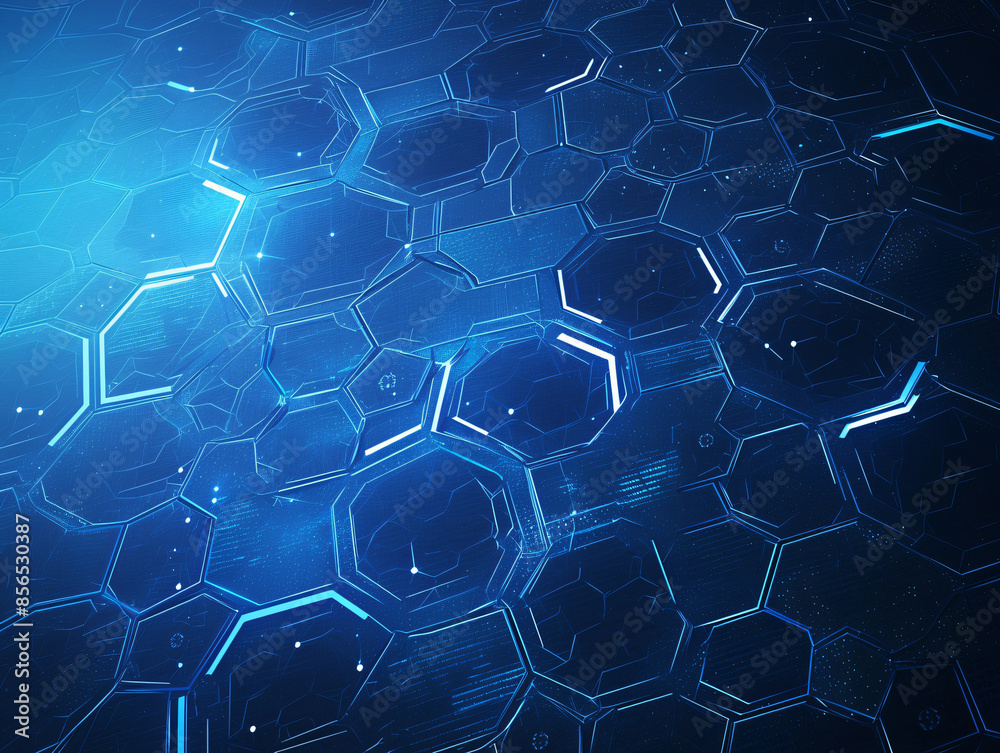 Fototapeta premium Abstract blue background with hexagons and glowing lines with copy space for technology, science, and innovation themes