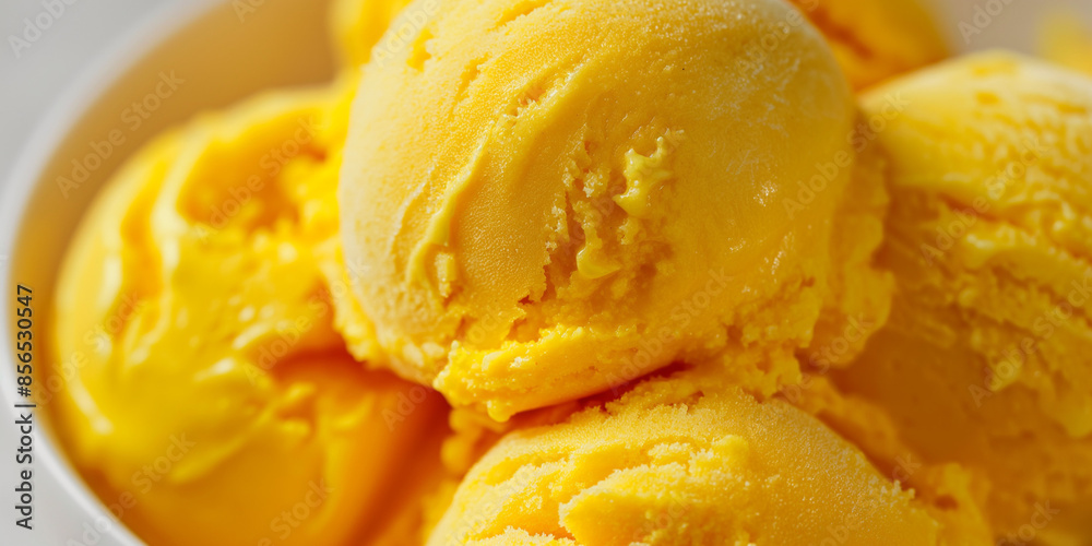 Exotic mango ice cream delight, a closeup image of exotic mango ice cream, its bright yellow color and creamy texture standing out against a white background Exotic mango ice cream delight, a closeup image of exotic mango ice cream, its bright yellow color and creamy texture standing out against a white background