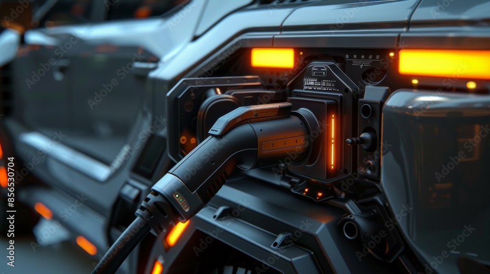 Fototapeta premium Powering the Future: High-Quality Close-Up Photo of an Electric Vehicle Being Charged