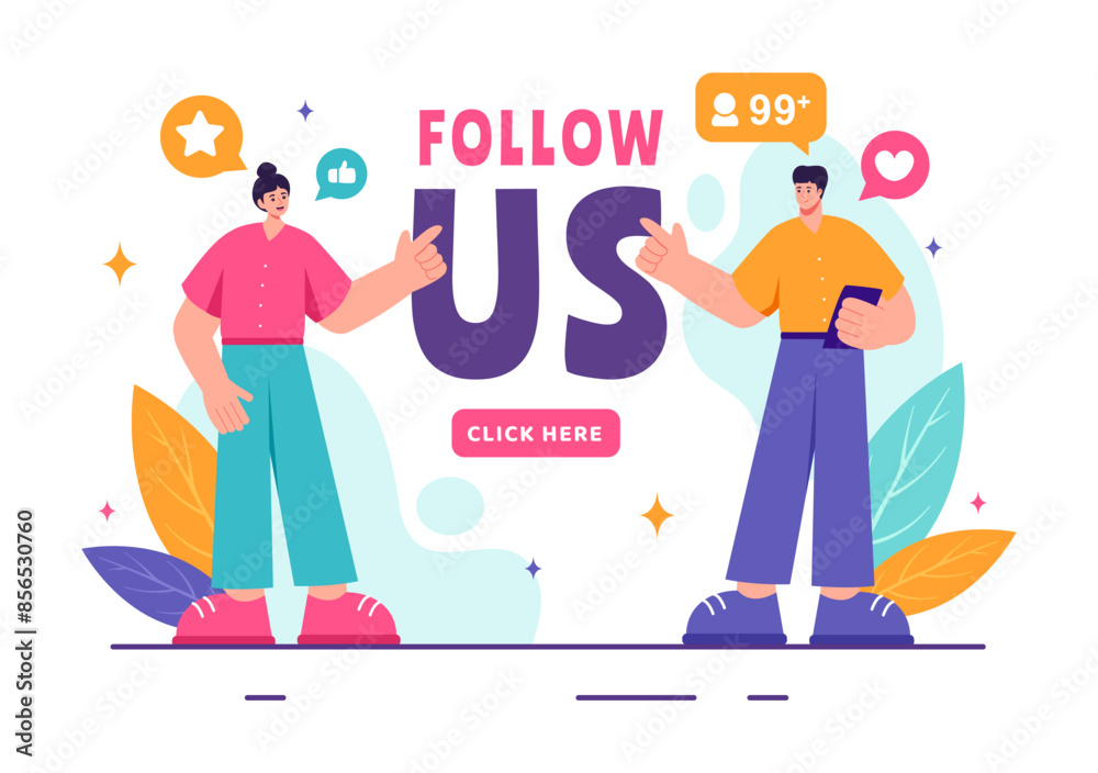 Follow Us and Like Vector Illustration for Internet Advertisements of Social Media Users Following an Interesting Page, Set in a Flat Background Follow Us and Like Vector Illustration for Internet Advertisements of Social Media Users Following an Interesting Page, Set in a Flat Background