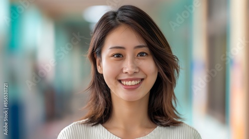 Free Download Portrait of a smiling young Asian woman in a white shirt. - GFXLoad
