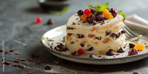 Elegant cassata dessert with natural lighting, a serene and rustic food scene with a minimalistic and sophisticated vibe photo