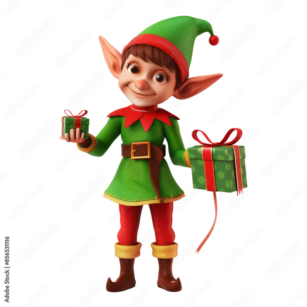 Cute Christmas elf holding gifts, dressed in festive attire, spreading holiday cheer. Perfect for seasonal and holiday-related projects. Cute Christmas elf holding gifts, dressed in festive attire, spreading holiday cheer. Perfect for seasonal and holiday-related projects.