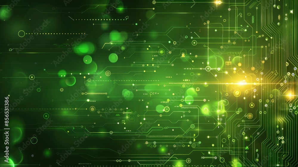 Obraz premium Green Abstract Circuit Board Background, An abstract green background featuring intricate circuit board patterns and glowing light effects, representing modern technology and connectivity.
