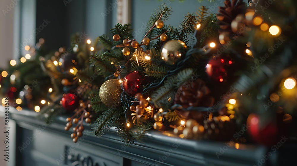 a close-up of a Christmas garland with twinkling lights and ornaments on a fireplace mantel a close-up of a Christmas garland with twinkling lights and ornaments on a fireplace mantel