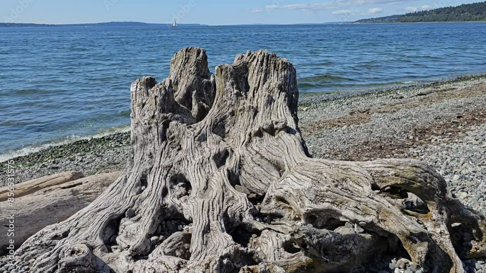 Large Driftwood Trunk On The Beach With Crashing Waves Large Driftwood Trunk On The Beach With Crashing Waves