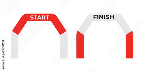 Inflatable arches, starting and finishing arches for races, marathons and sporting events. Gates for sports competitions in red color isolated on white background. Vector illustration