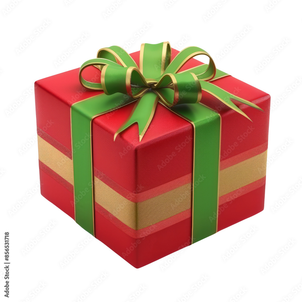 Obraz premium Festive red gift box with vibrant green ribbon and gold stripe, perfect for holiday celebrations, birthdays, and special occasions.