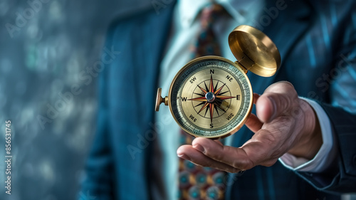 Businessman Holding a Vintage Compass in Hand, Symbolizing Guidance and Direction in Professional Life photo