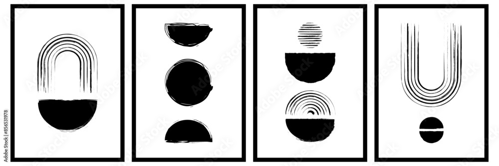 Hand drawn zen arch poster set. Line geometric arc and circle shape composition with black ink brush texture. Trendy vector illustration for print, wall decor or cover.