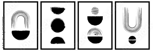 Hand drawn zen arch poster set. Line geometric arc and circle shape composition with black ink brush texture. Trendy vector illustration for print, wall decor or cover.