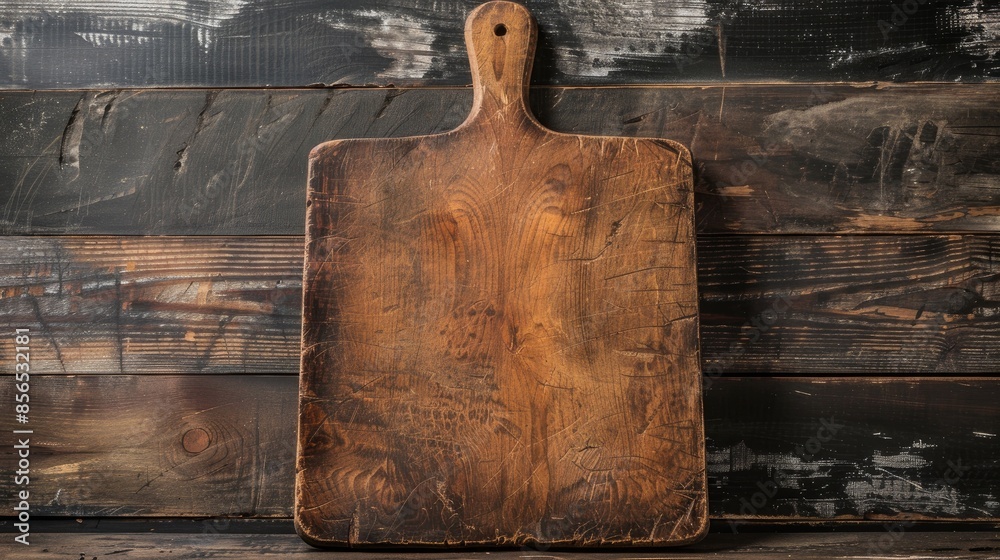 Old wooden cutting board on table with wooden backdrop Old wooden cutting board on table with wooden backdrop