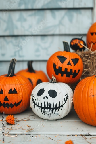 stack of pumpkins with painted faces, including a Jack Skellington design, set against a white wooden wall photo