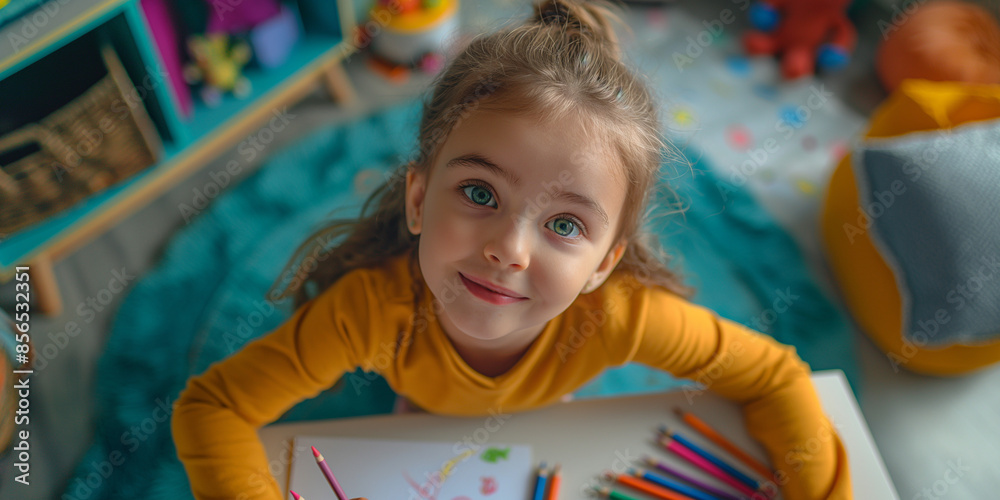 Fototapeta premium A young girl drawing with crayons at a small table in her bedroom