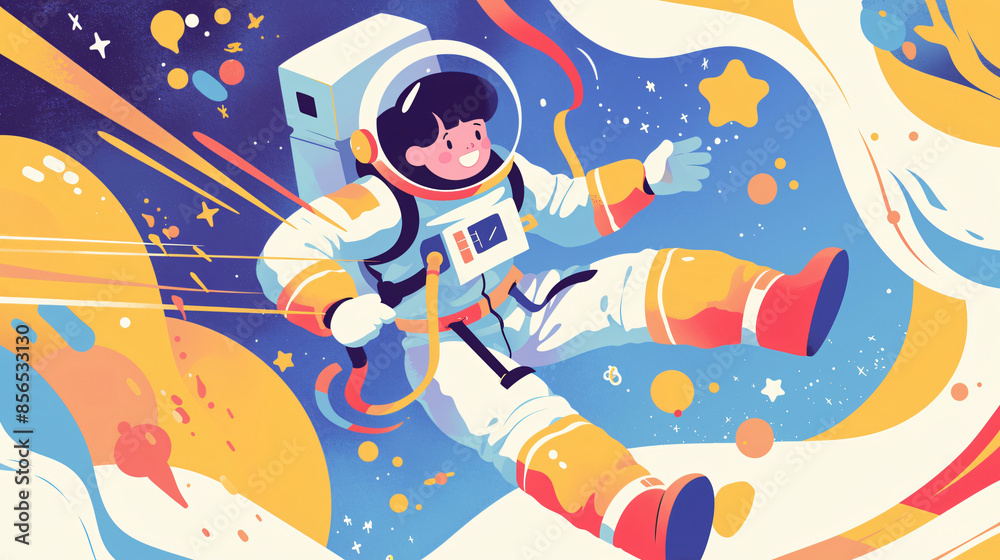 Fototapeta premium An astronaut floating in space with a colorful background for space, galaxy, and exploration themes