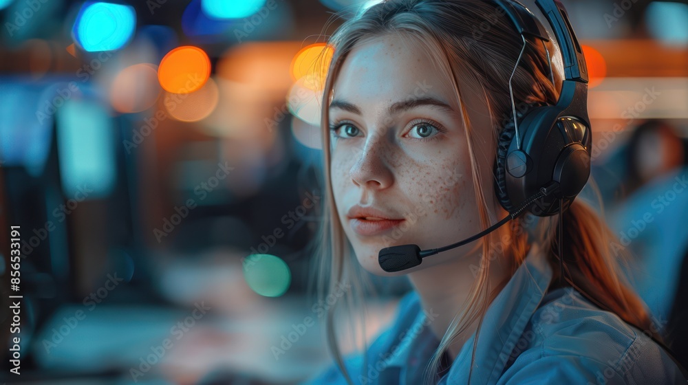 Busy Call Center: Friendly Female Helpline Operator at Work Busy Call Center: Friendly Female Helpline Operator at Work
