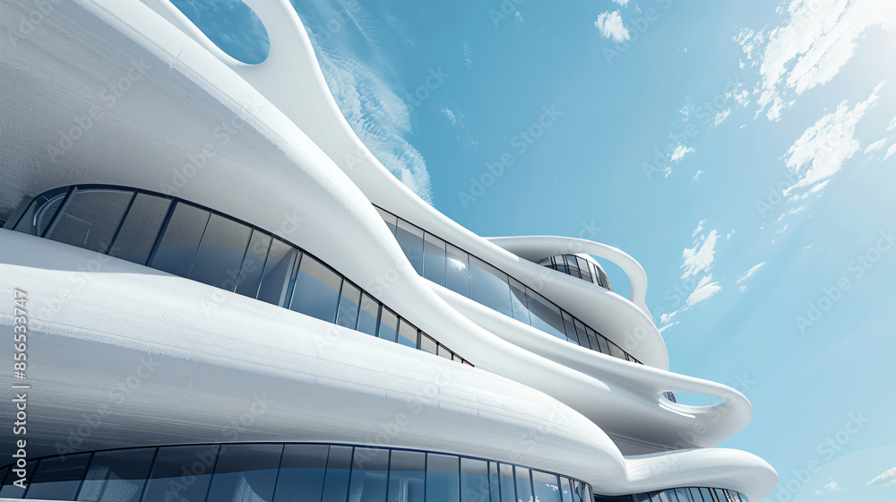 Modern white building with curved windows against a blue sky for architecture, design, and futuristic themes Modern white building with curved windows against a blue sky for architecture, design, and futuristic themes