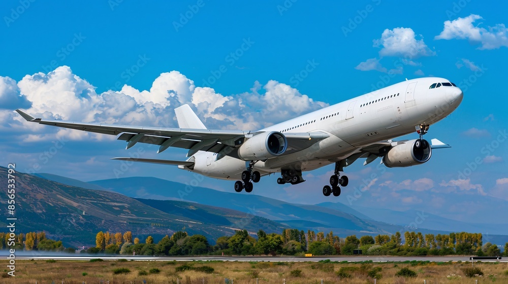 An airplane taking off with a clear blue sky An airplane taking off with a clear blue sky