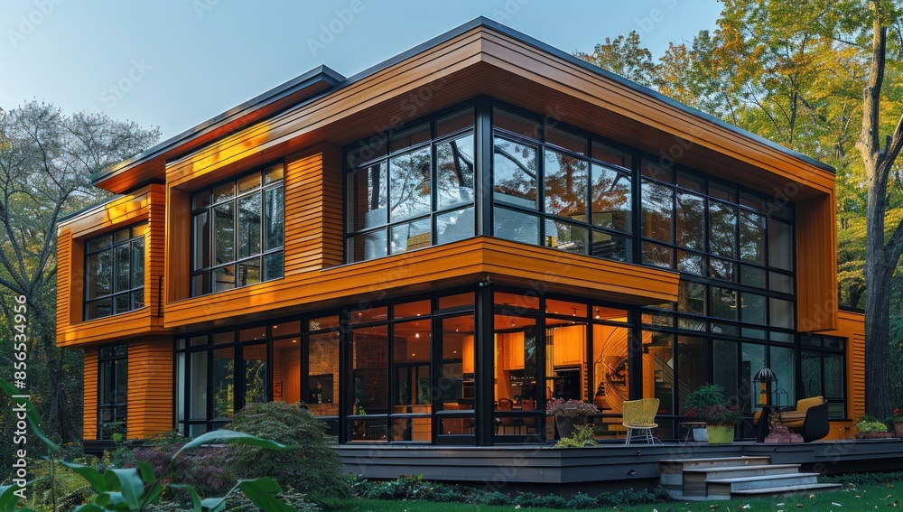 A striking architectural shot of a passive solar home, with large south-facing windows and thermal mass construction optimizing natural light and heat retention