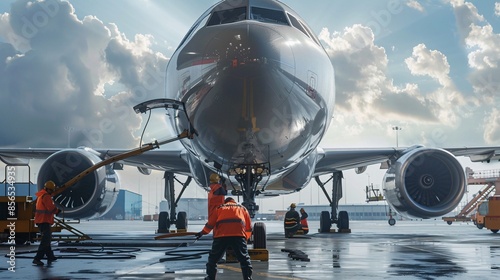 Ground crew performing a safety check on an airplane