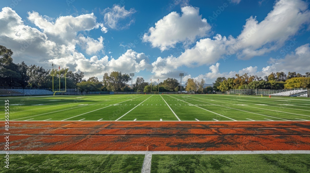Obraz premium Empty football field with pristine turf, goalposts, and surrounding bleachers under a partly cloudy sky Generative AI