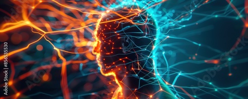 Digital representation of human head with glowing neural connections, illustrating concepts of artificial intelligence and neural networks. photo