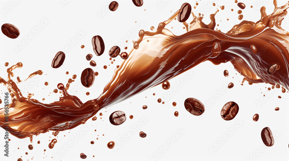 Milk Brown coffee liquid swirl splash and little bubbles with falling coffee Beans isolated on transparent png background, liquid fluid element flowing in form of wave. Milk Brown coffee liquid swirl splash and little bubbles with falling coffee Beans isolated on transparent png background, liquid fluid element flowing in form of wave.