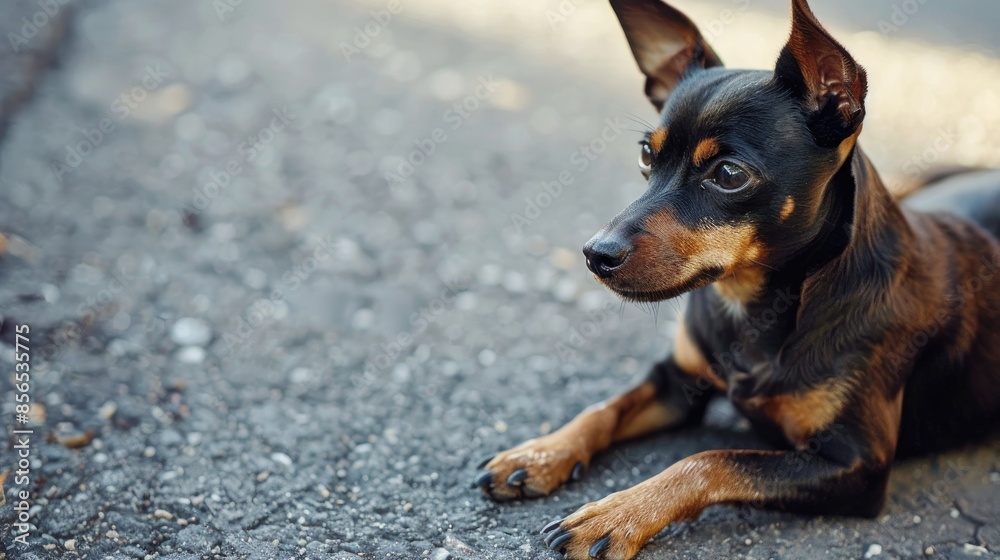 Small Dog Breed Mini Pinscher Lounges on Pavement Small Dog Breed Mini Pinscher Lounges on Pavement
