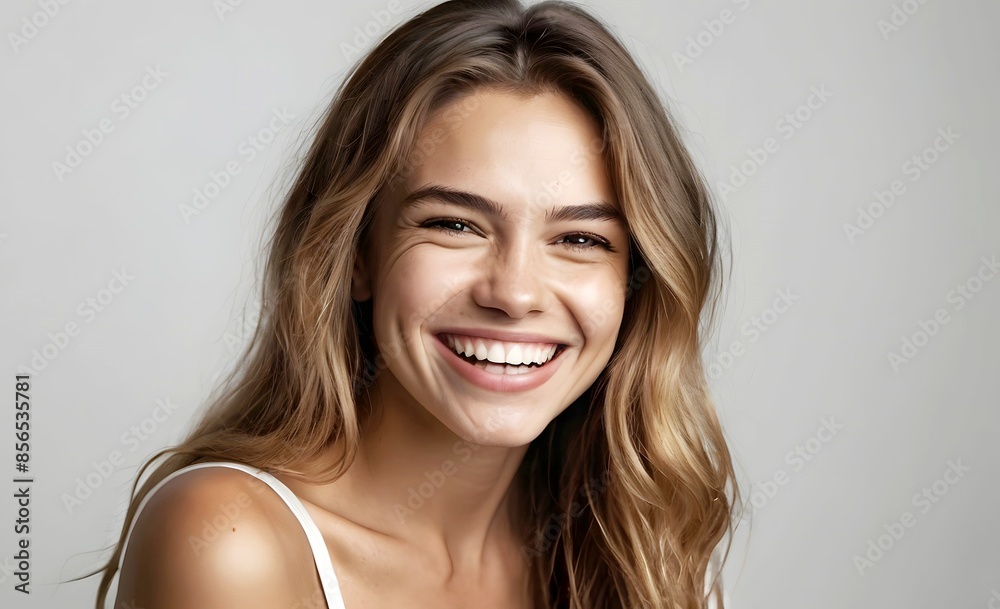 Smiling young beautiful woman big smile on her cheerful pretty face, attractive feel good smile which spurs chemical reaction brain, releasing dopamine with happiness and serotonin to reduce stress Smiling young beautiful woman big smile on her cheerful pretty face, attractive feel good smile which spurs chemical reaction brain, releasing dopamine with happiness and serotonin to reduce stress