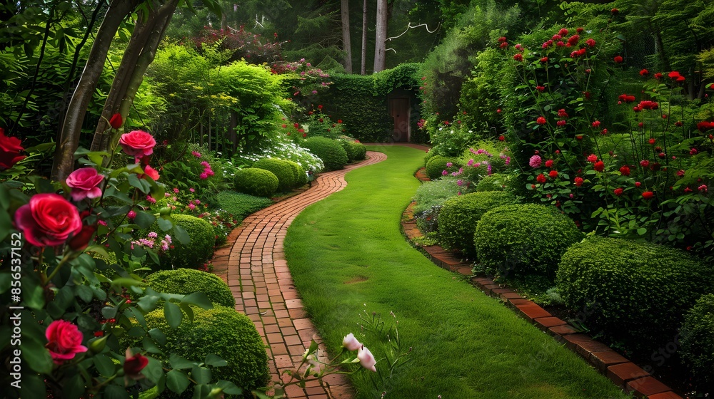 Fototapeta premium Lawns and flower beds with roses