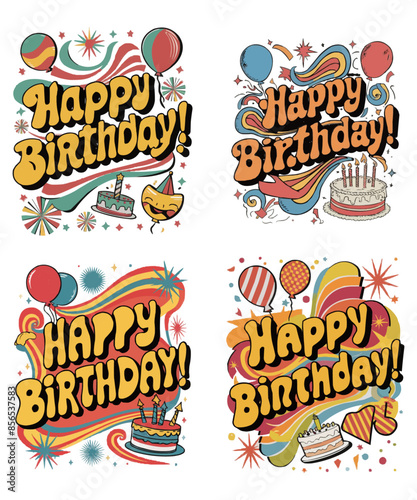 A retro-inspired happy birthday t-shirt design showcasing a classic 1980s aesthetic. The central text 'Happy Birthday'  