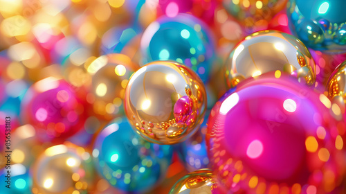 Shiny colored balls abstract background, 3d gold metallic glossy spheres wallpaper.