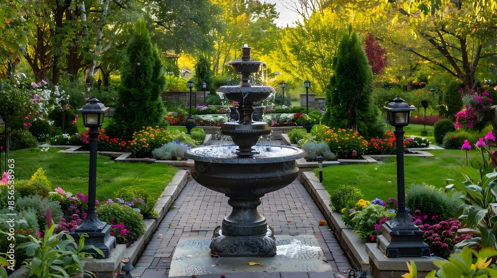 Obraz premium A landscape with elegant fountains surrounded img