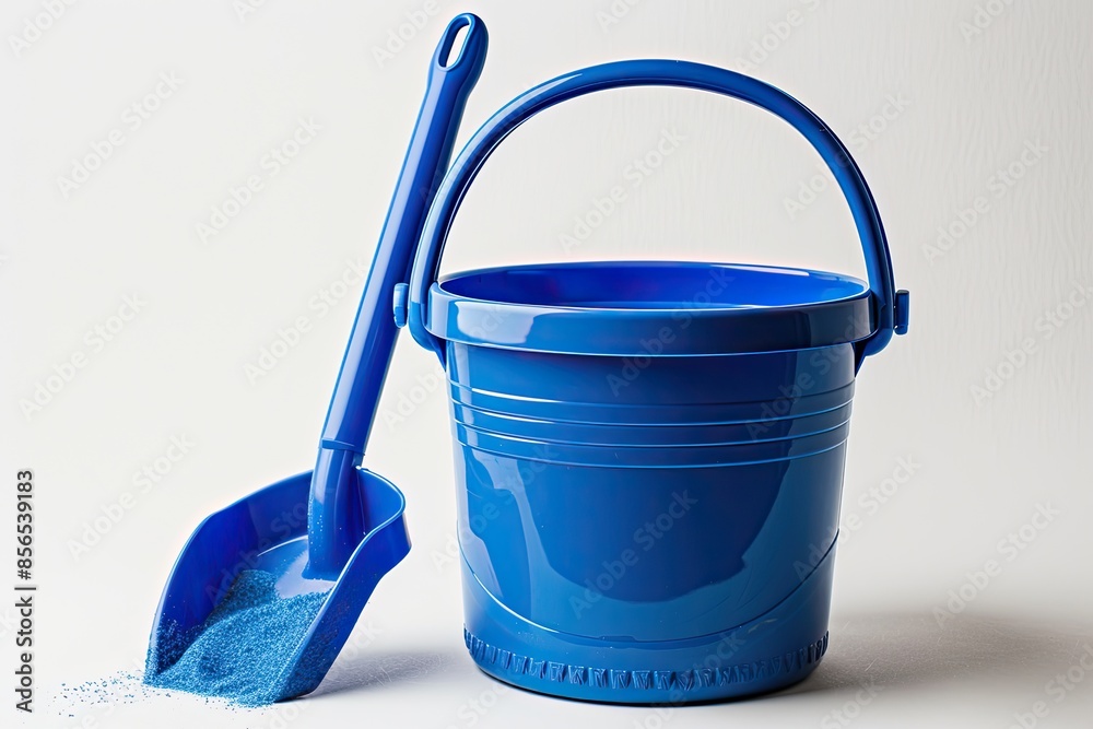 A blue sand pail and shovel against isolated on a white background A blue sand pail and shovel against isolated on a white background