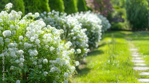 Hedges of flowering spirea bushes create delicate