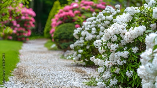 Hedges of flowering spirea bushes create delicate image