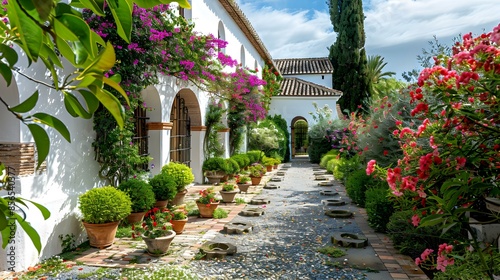 Spanish garden with blooming oleanders and laurels picture photo